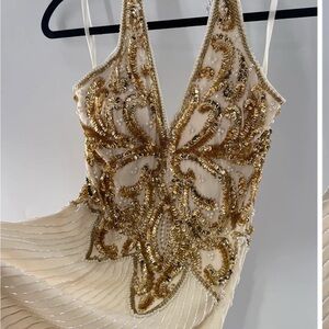 Cream and Brown Embellished Pleated Gown with Plunge Neckline